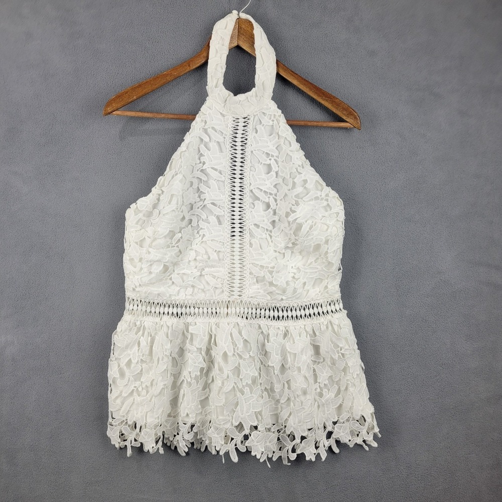 Venus Peplum Top Womens 8 White Cotton Boho Chic Lace Halter Neck Open‎ Back
